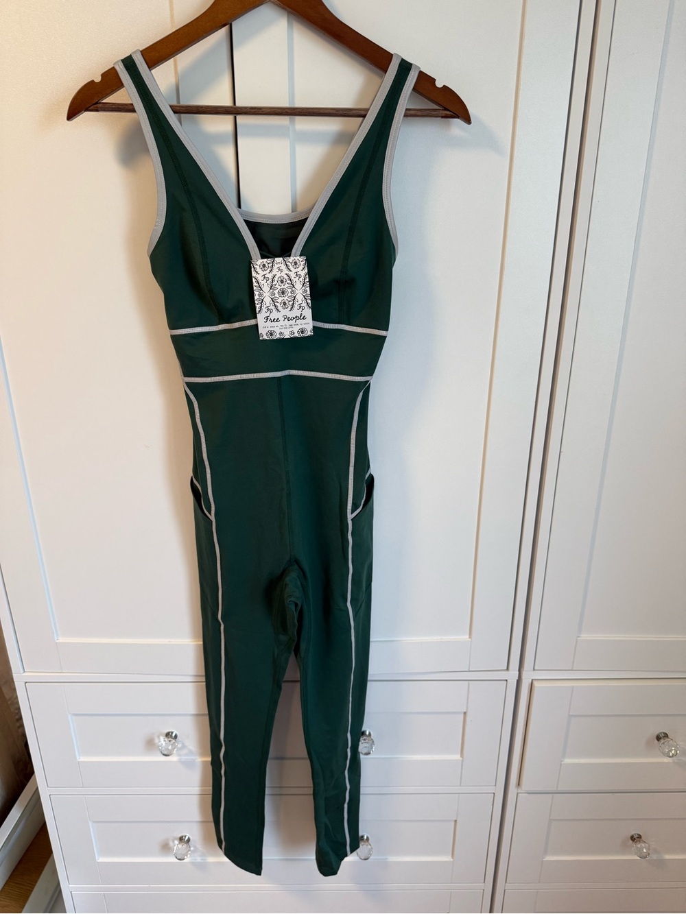 Free People Dark Green Scoop-Neck Fitted Jumpsuit with Light Trim